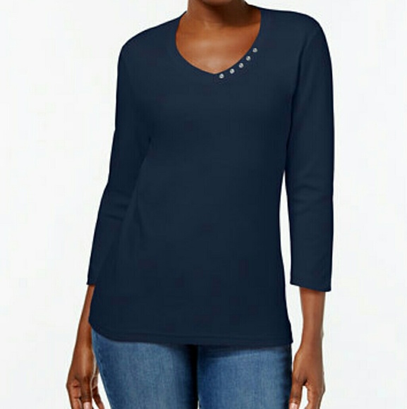 Karen Scott Tops - NEW NWT Karen Scott Navy tee shirt Silver trim 3X